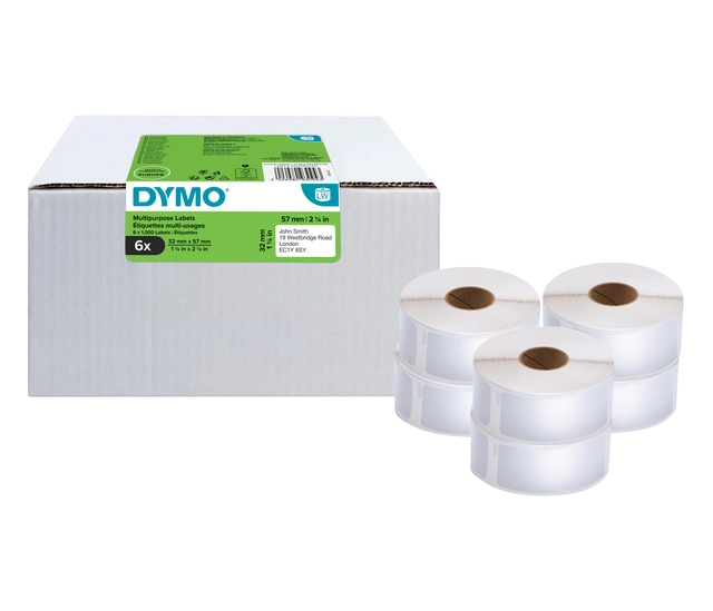 Een Etiket Dymo LabelWriter multifunctioneel 32x57mm 6 rollen á 1000 stuks wit koop je bij VHK Kantoorartikelen