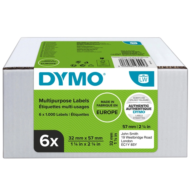 Een Etiket Dymo LabelWriter multifunctioneel 32x57mm 6 rollen á 1000 stuks wit koop je bij VHK Kantoorartikelen