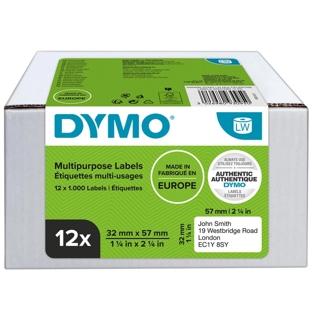 Een Etiket Dymo LabelWriter multifunctioneel 32x57mm 12 rollen á 1000 stuks wit koop je bij VHK Kantoorartikelen