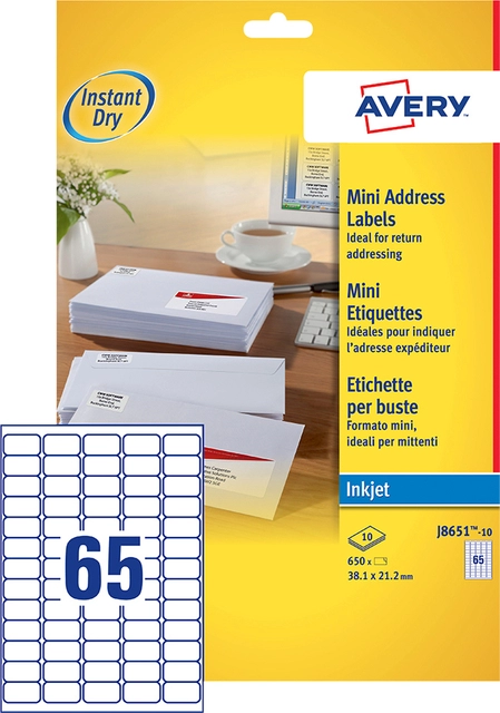 Een Etiket Avery J8651-10 38.1x21.2mm wit 650stuks koop je bij VHK Kantoorartikelen