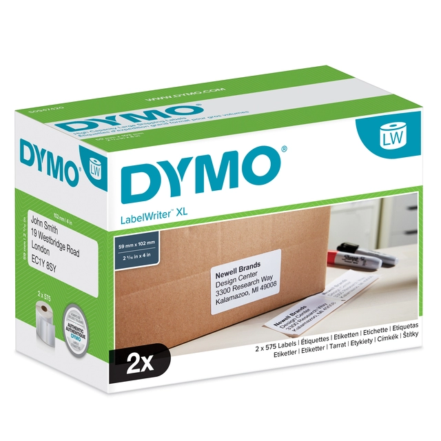 Een Etiket Dymo LabelWriter 5XL verzendlabel 59x102mm 2 rollen á 575 stuks wit koop je bij Hoekmankantoorartikelen.nl