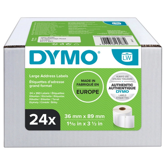 Een Etiket Dymo LabelWriter adressering 36x89mm 24 rollen á 260 stuks wit koop je bij Hoekmankantoorartikelen.nl