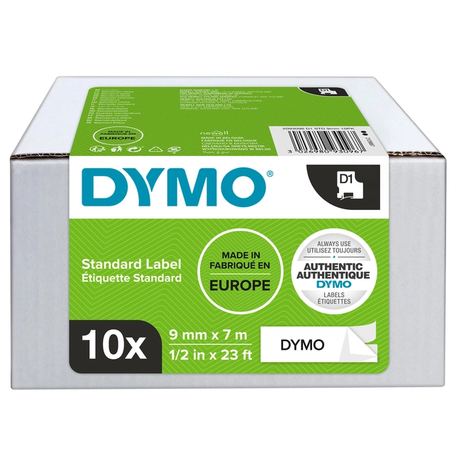 Een Labeltape Dymo LabelManager D1 polyester 9mm zwart op wit 10 stuks koop je bij Hoekmankantoorartikelen.nl