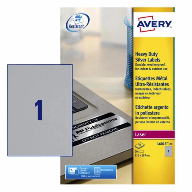 Een Etiket Avery L6013-20 210x297mm zilver 20stuks koop je bij VHK Kantoorartikelen