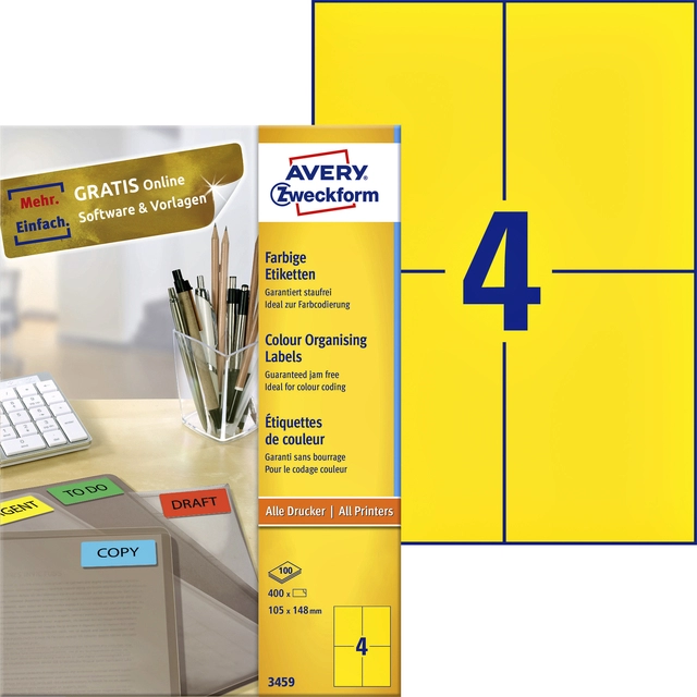 Een Etiket Avery Zweckform 3459 105x148mm A6 geel 400stuks koop je bij VHK Kantoorartikelen