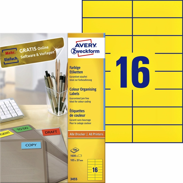 Een Etiket Avery Zweckform 3455 105x37mm geel 1600stuks koop je bij VHK Kantoorartikelen