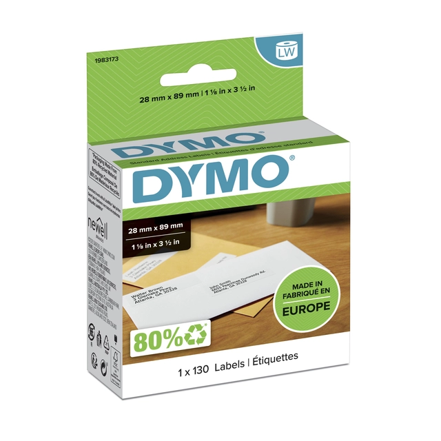 Een Etiket Dymo LabelWriter adressering 28x89mm 1 rol á 130 stuks wit koop je bij Hoekmankantoorartikelen.nl