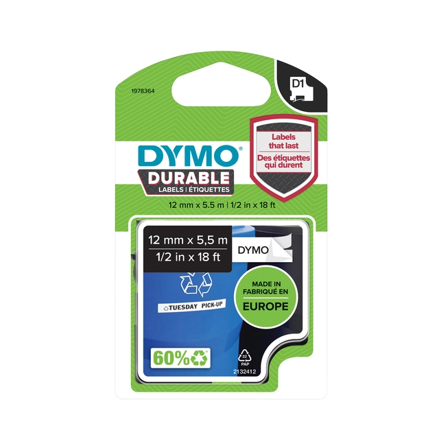 Een Labeltape Dymo LabelManager D1 polyester 12mm duurzaam zwart op wit koop je bij Hoekmankantoorartikelen.nl