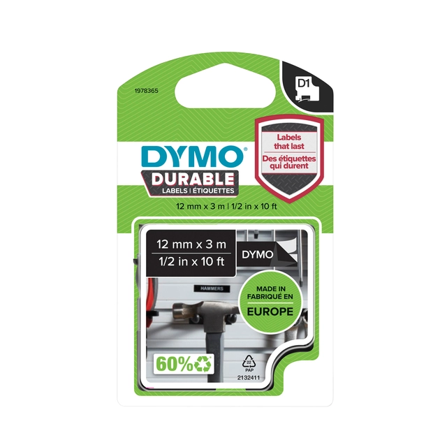 Een Labeltape Dymo LabelManager D1 polyester 12mm wit op zwart koop je bij VHK Kantoorartikelen