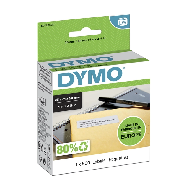 Een Etiket Dymo LabelWriter adressering 25x54mm 1 rol á 500 stuks wit koop je bij VHK Kantoorartikelen