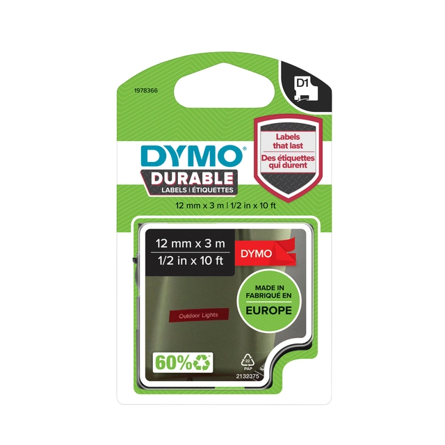 Een Labeltape Dymo LabelManager D1 polyester 12mm wit op rood koop je bij VHK Kantoorartikelen