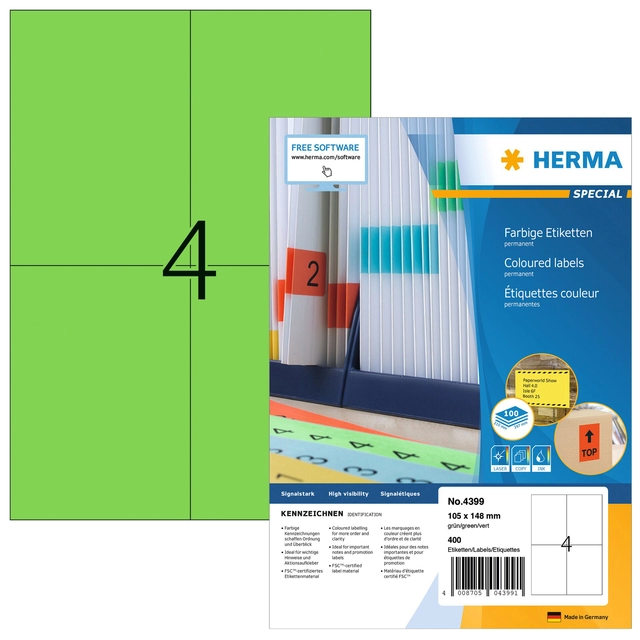 Een Etiket HERMA 4399 105x148mm A6 groen 400stuks koop je bij VHK Kantoorartikelen