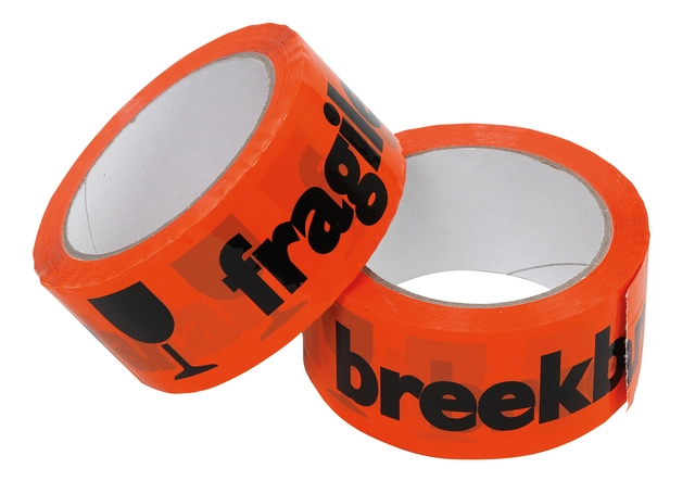 Een Waarschuwingstape IEZZY breekbaar 50mmx66m oranje/zwart koop je bij VHK Kantoorartikelen