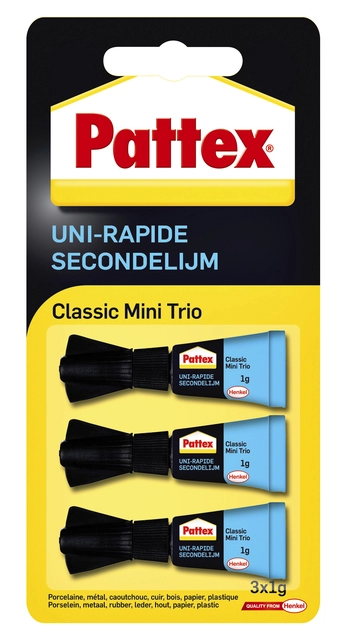 Een Secondelijm Pattex Classic mini trio tube 3x1gram op blister koop je bij VHK Kantoorartikelen