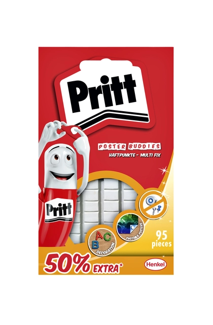 Een Poster Buddies Pritt dubbelzijdige kleefpads voor oa posters blister à 95 stuks 50% gratis koop je bij Hoekmankantoorartikelen.nl