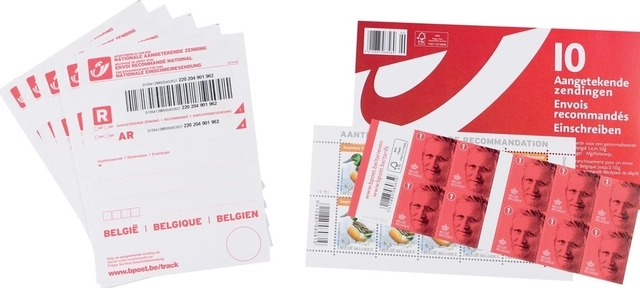 Een Postzegel Belgie aangetekend kit à 10 stuks koop je bij VHK Kantoorartikelen