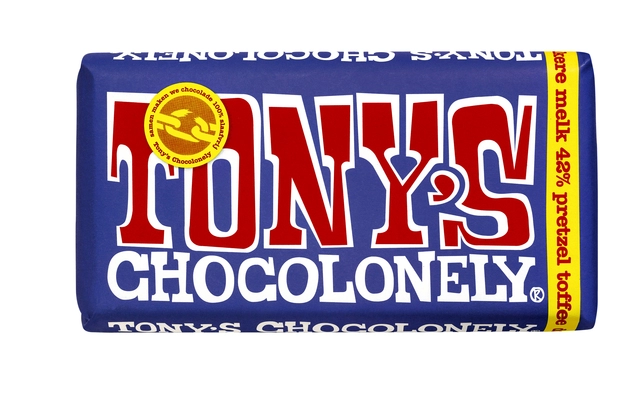 Een Chocolade Tony's Chocolonely donker melk pretzel toffee reep 180gr koop je bij VHK Kantoorartikelen