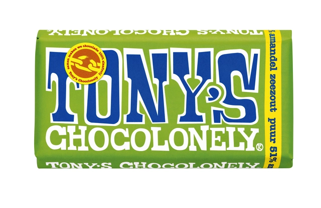 Een Chocolade Tony's Chocolonely puur amandel zeezout reep 180gr koop je bij VHK Kantoorartikelen