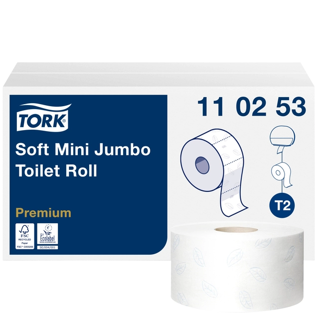 Een Toiletpapier Tork Mini Jumbo T2 premium 2-laags 170mtr wit 110253 koop je bij VHK Kantoorartikelen