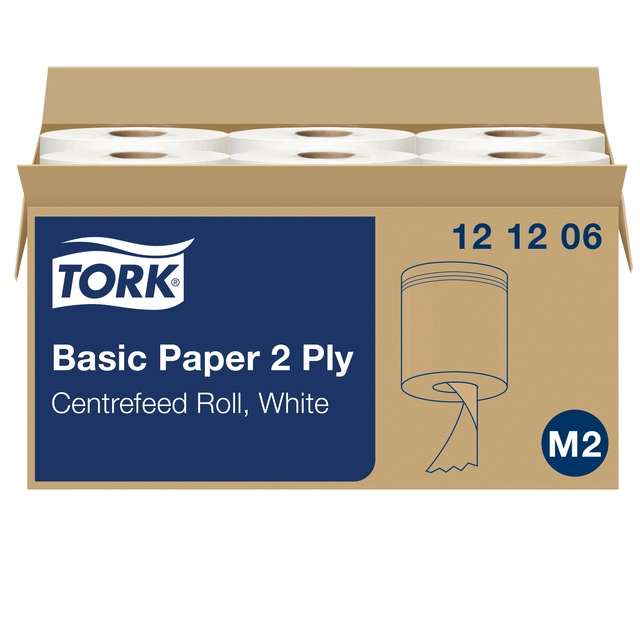 Een Poetsrol Tork Basic M2 centerfeed multifunctioneel 2-laags 6 rollen à 160m wit 121206 koop je bij Hoekmankantoorartikelen.nl