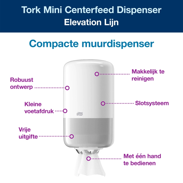 Een Poetspapierdispenser Tork Mini centerfeed M1 Elevation wit 558000 koop je bij VHK Kantoorartikelen