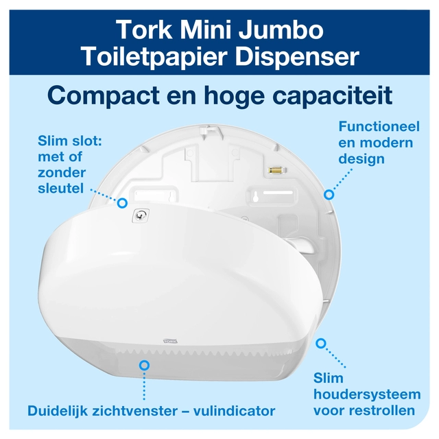 Een Toiletpapierdispenser Tork Mini Jumbo T2 Elevation wit 555000 koop je bij VHK Kantoorartikelen