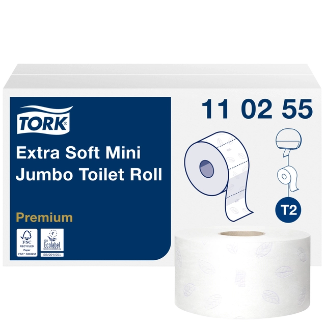 Een Toiletpapier Tork Mini jumbo T2 premium 3-laags 12x120mtr wit 110255 koop je bij VHK Kantoorartikelen