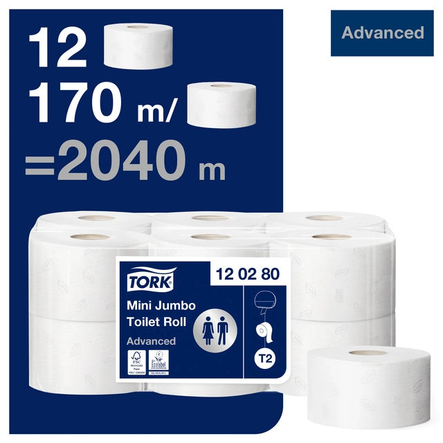 Een Toiletpapier Tork Mini Jumbo T2 advanced 2-laags 12 rollen wit 120280 koop je bij VHK Kantoorartikelen