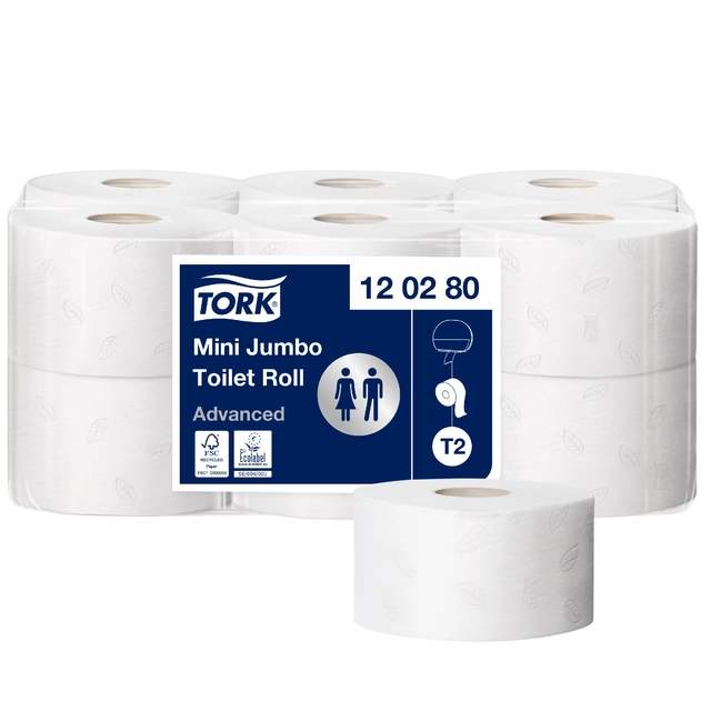 Een Toiletpapier Tork Mini Jumbo T2 advanced 2-laags 12 rollen wit 120280 koop je bij VHK Kantoorartikelen