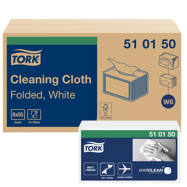 Een Reinigingsdoek Tork Cleaning W8 zacht flexibel nonwoven 55 vel wit 510150 koop je bij VHK Kantoorartikelen