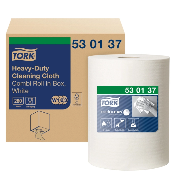 Een Reiningsdoek Tork Heavy-duty combi rol W1/2/3 nonwoven 280 vel wit 530137 koop je bij VHK Kantoorartikelen