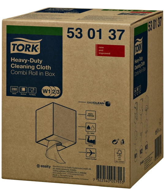 Een Reiningsdoek Tork Heavy-duty combi rol W1/2/3 nonwoven 280 vel wit 530137 koop je bij VHK Kantoorartikelen