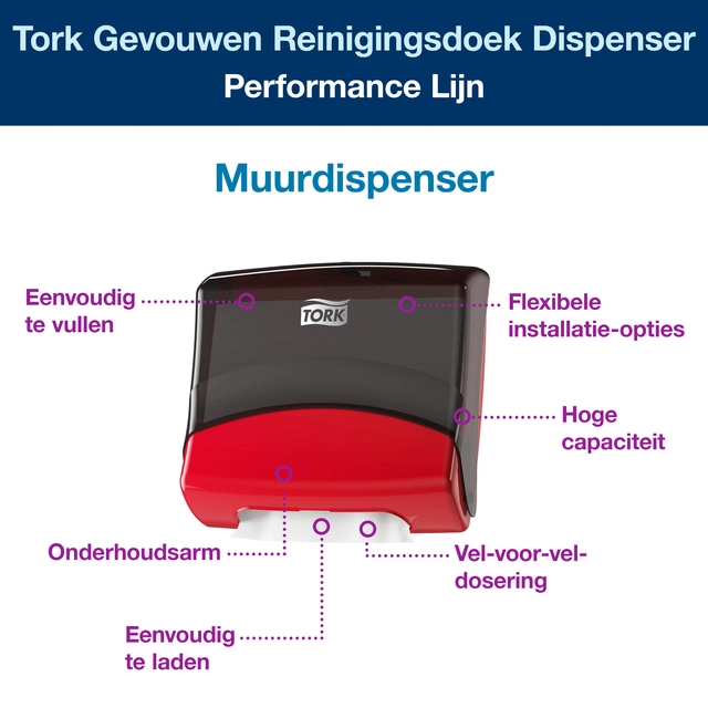 Een Reinigingsdoekdispenser Tork W4 Performance wandmontage zwart/rood 654008 koop je bij VHK Kantoorartikelen