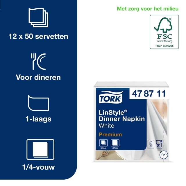 Een Dinnerservetten Tork Premium LinStyle® 1-laags 50 stuks wit 478711 koop je bij Hoekmankantoorartikelen.nl