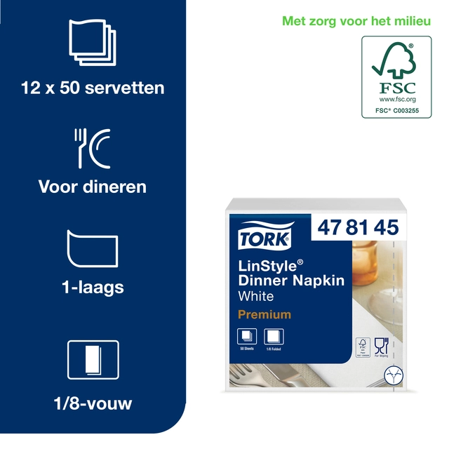 Een Dinnerservetten Tork Premium LinStyle® 1/8 gevouwen 1-laags 50 stuks wit 478145 koop je bij Hoekmankantoorartikelen.nl