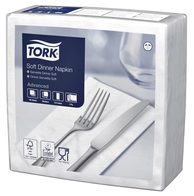 Een Dinnerservetten Tork 1/8 vouw 3- laags 100 stuks wit 477579 koop je bij Hoekmankantoorartikelen.nl