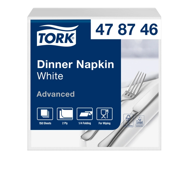 Een Dinerservetten Tork 2-laags 1/4-vouw 150 stuks wit 478746 koop je bij Hoekmankantoorartikelen.nl