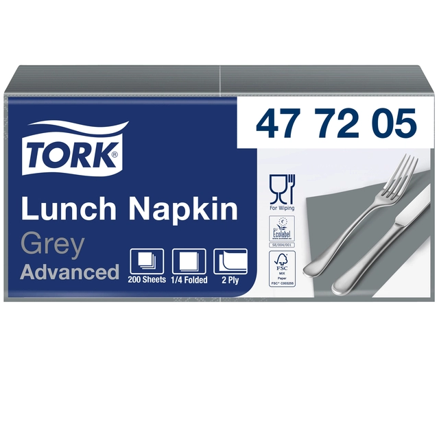 Een Servetten Tork 2-laags 1/4 gevouwen 200 stuks grijs 477205 koop je bij Hoekmankantoorartikelen.nl