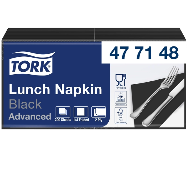 Een Servetten Tork 2-laags 1/4 gevouwen 200 stuks zwart 477148 koop je bij Hoekmankantoorartikelen.nl