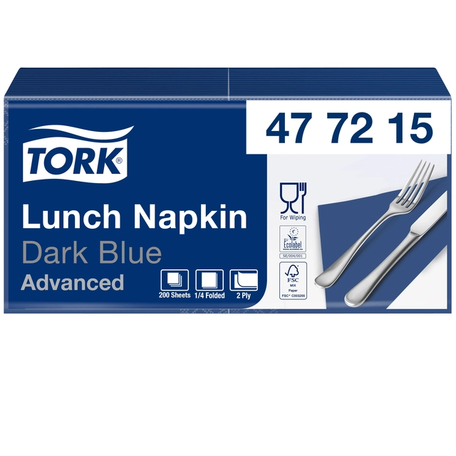 Een Servetten Tork 2-laags 1/4 gevouwen 200 stuks donkerblauw 477215 koop je bij Hoekmankantoorartikelen.nl