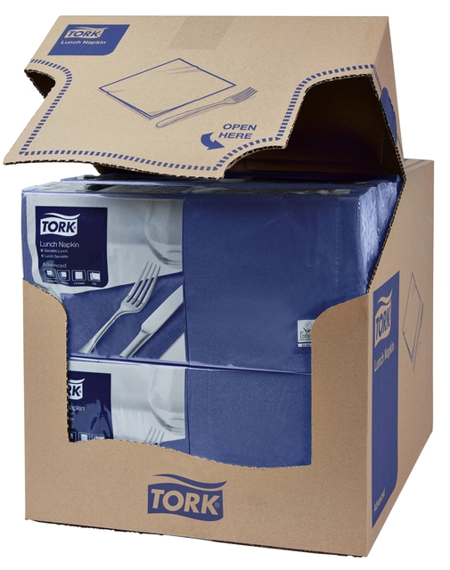 Een Servetten Tork 2-laags 1/4 gevouwen 200 stuks donkerblauw 477215 koop je bij Hoekmankantoorartikelen.nl