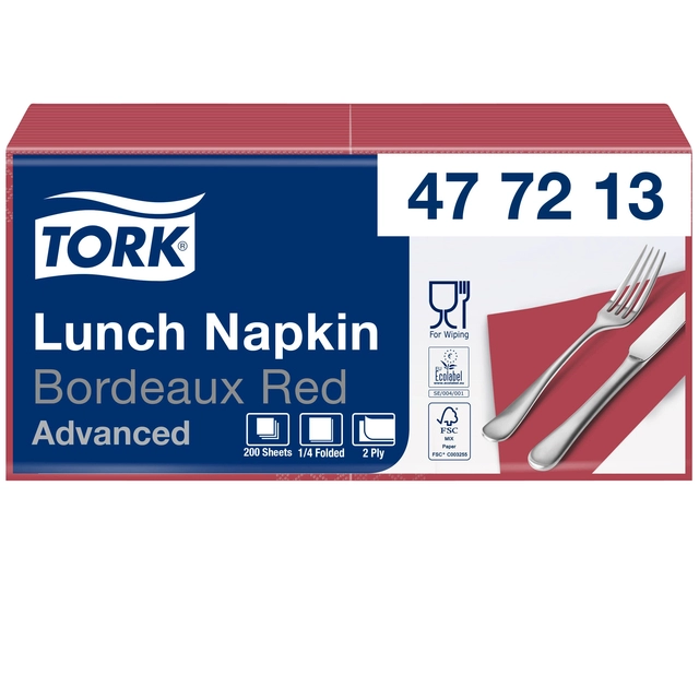 Een Servetten Tork 2-laags 1/4 gevouwen 200 stuks bordeaux 477213 koop je bij Hoekmankantoorartikelen.nl