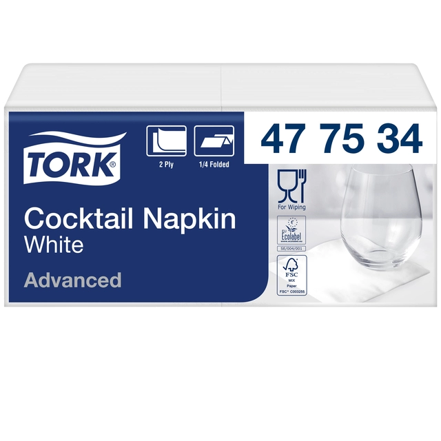 Een Cocktailservetten Tork 1/4-vouw 2-laags 200 stuks wit 477534 koop je bij Hoekmankantoorartikelen.nl