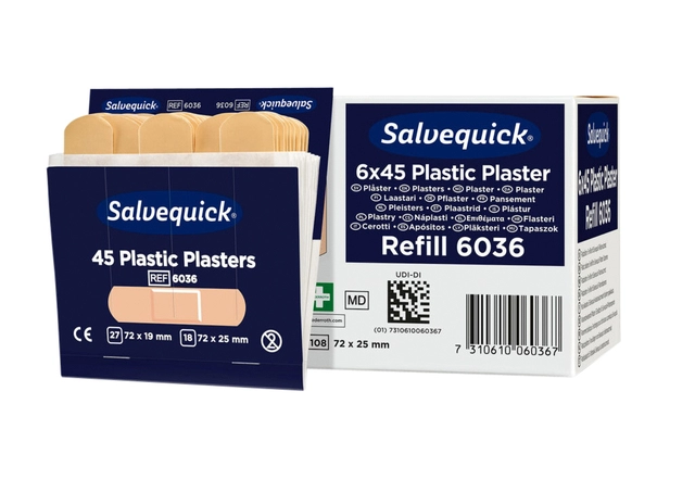 Een Pleister Salvequick navulling plastic 6 kaarten à 45 stuks 6036 koop je bij Hoekmankantoorartikelen.nl