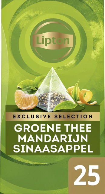 Een Thee Lipton Exclusive groene thee mandarijn sinaasappel 25 pramidezakjesx2gr koop je bij VHK Kantoorartikelen