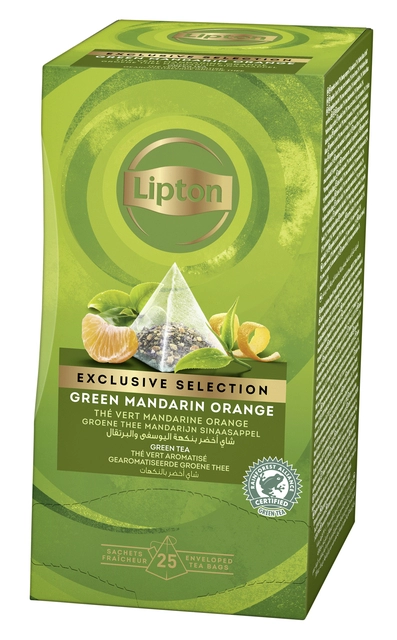 Een Thee Lipton Exclusive groene thee mandarijn sinaasappel 25 pramidezakjesx2gr koop je bij VHK Kantoorartikelen