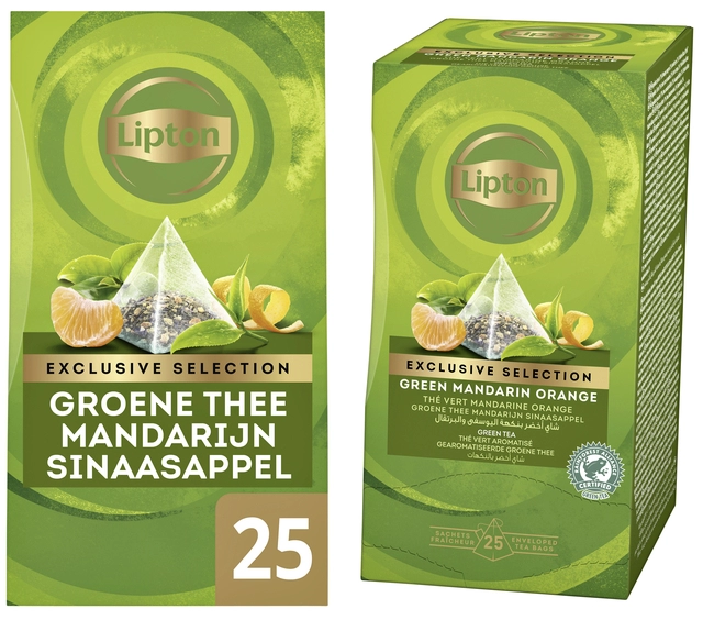 Een Thee Lipton Exclusive groene thee mandarijn sinaasappel 25 pramidezakjesx2gr koop je bij VHK Kantoorartikelen