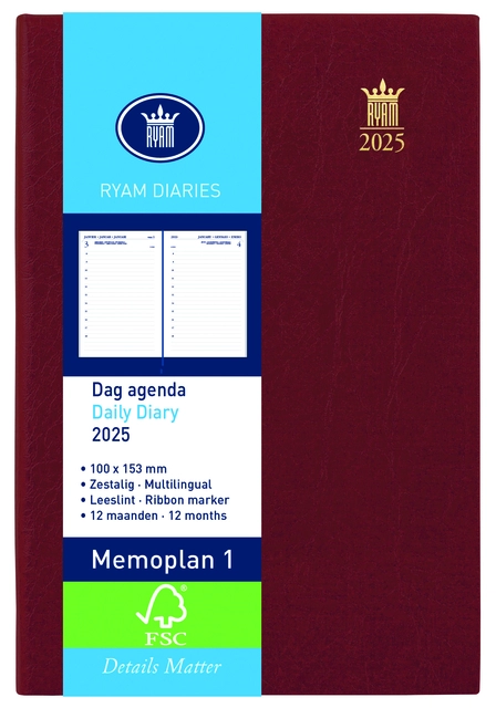 Een Agenda 2025 Ryam Memoplan 1 Mundior 1dag/1pagina bordeaux koop je bij Hoekmankantoorartikelen.nl