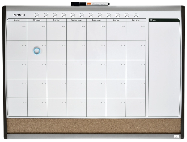 Een Whiteboard Nobo magnetische planner met prikbord van kurk 585x430mm koop je bij VHK Kantoorartikelen