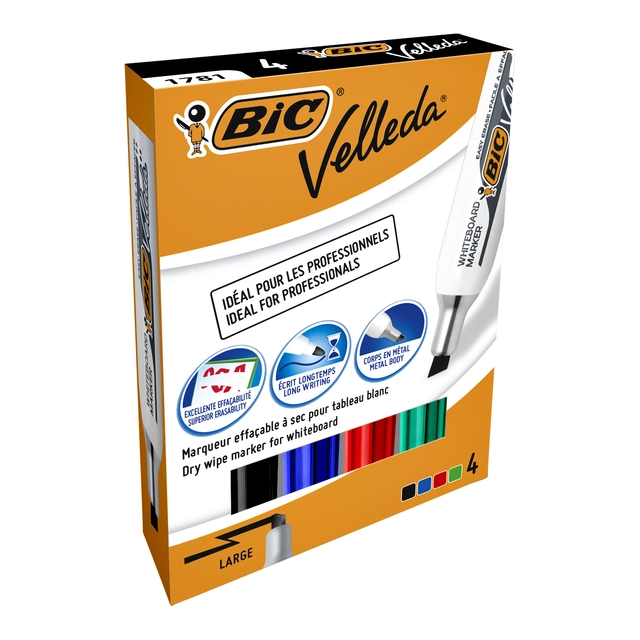 Een Viltstift Bic Velleda 1781 whiteboard schuin large assorti set à 4 stuks koop je bij VHK Kantoorartikelen